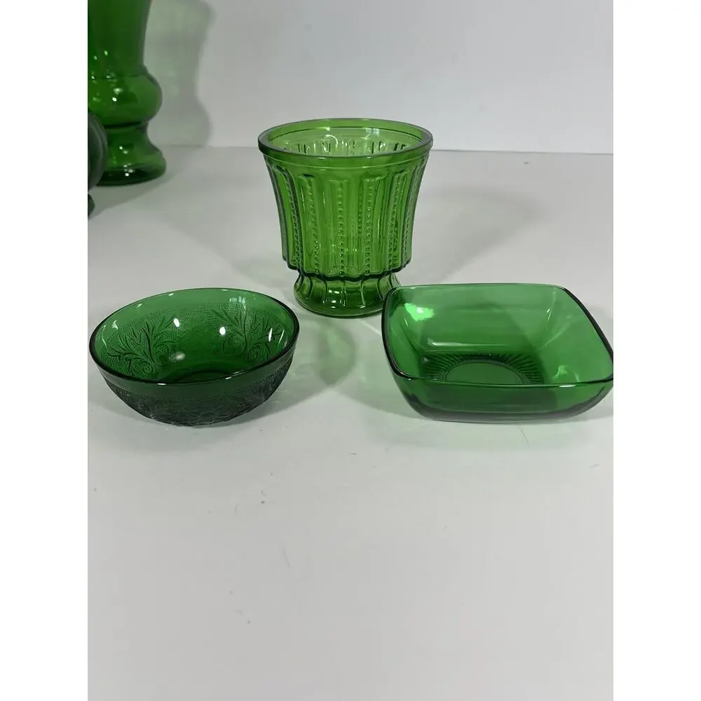 Lot Of 3 - Vintage Anchor‎ Hocking Forest Green Sauce Bowl + Dessert Bowl + Vase
